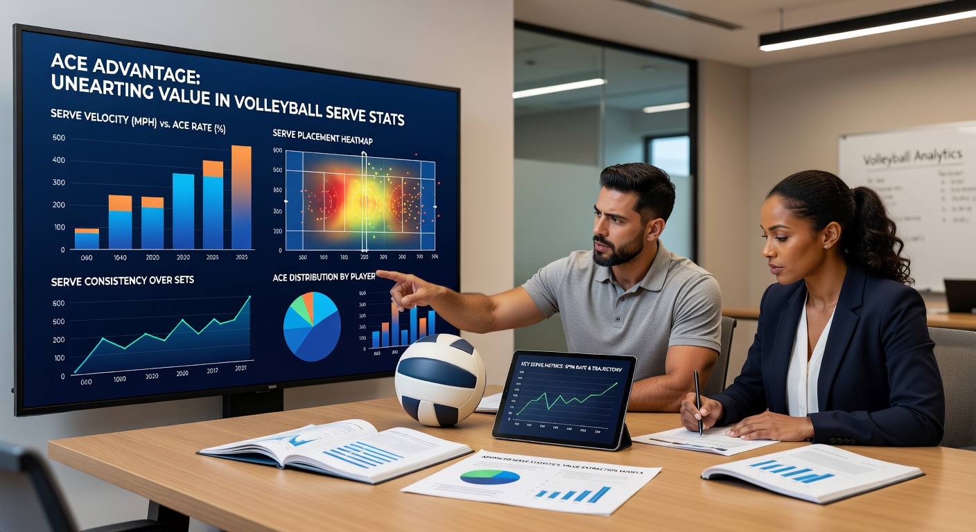 Close-up of a volleyball serve stats dashboard highlighting ace percentages and zone maps from a recent pro match