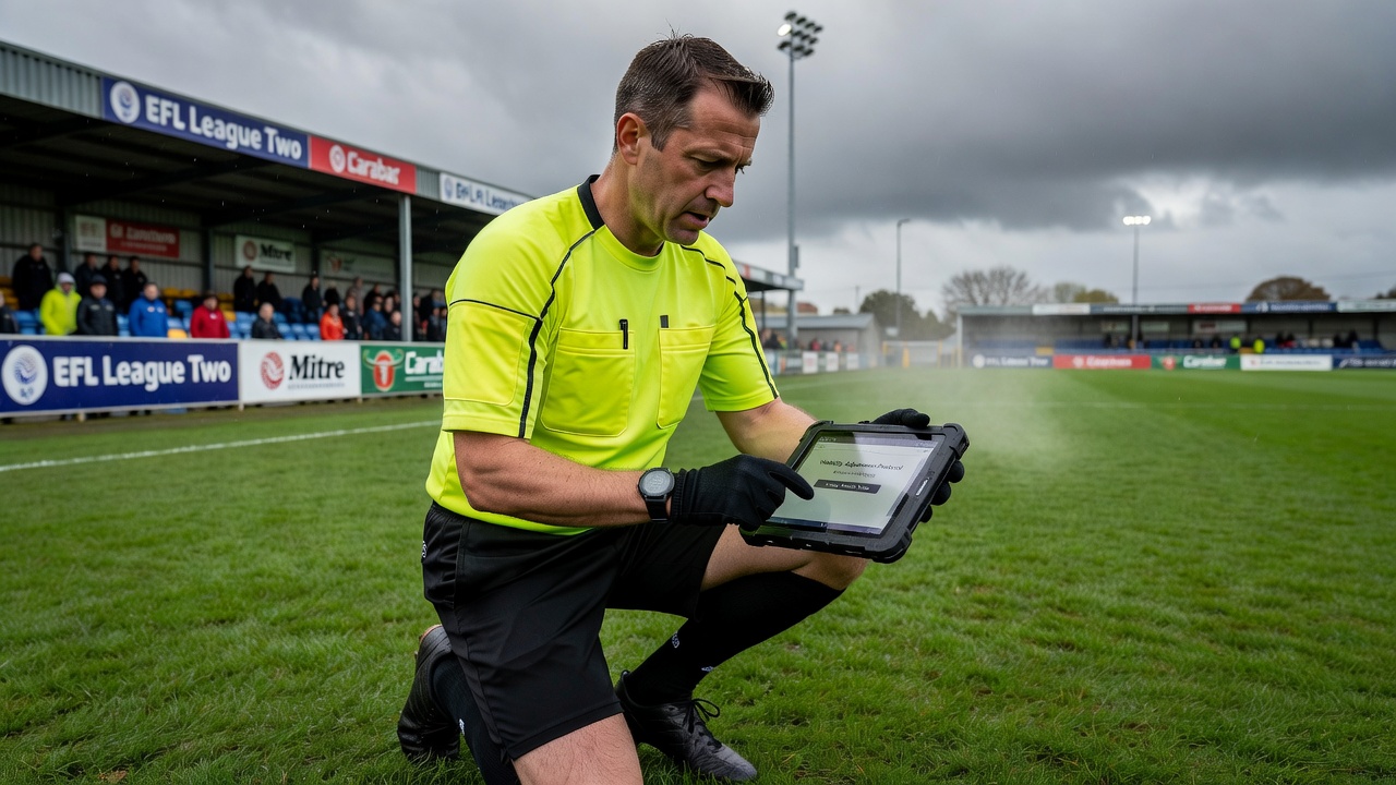 Analysts reviewing weather data and match statistics for lower-tier English soccer totals betting