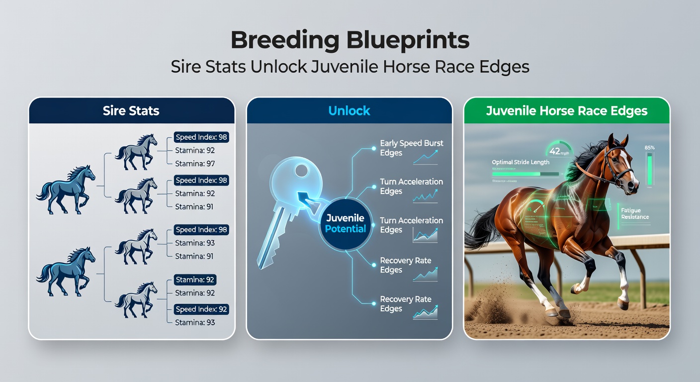 Close-up of a champion sire stallion in a stud farm setting, surrounded by charts displaying juvenile progeny strike rates and track performance graphs