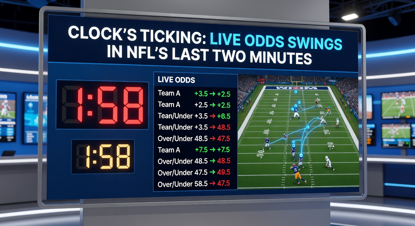 Line graph illustrating dramatic live odds fluctuations for touchdown and moneyline bets during the last two minutes of sampled NFL games, with peaks at key plays like spikes and big gains