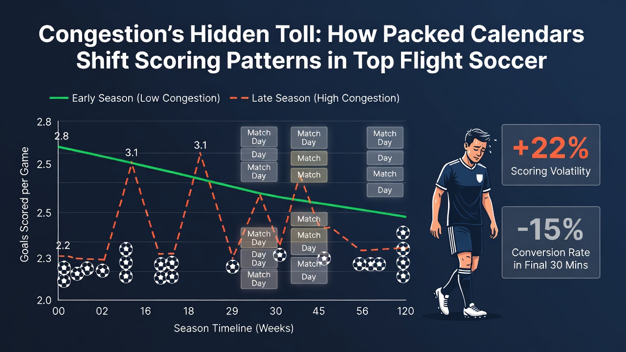Match statistics dashboard displaying lower goal averages during periods of high fixture congestion in European soccer leagues