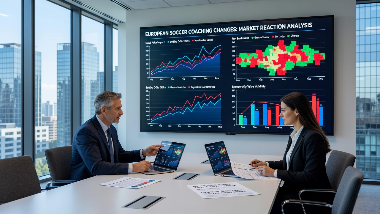 Traders monitoring live odds boards during a European soccer press conference announcing a new head coach