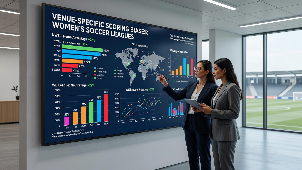 Detailed charts showing goal averages and shot distributions tied to specific women's soccer stadiums