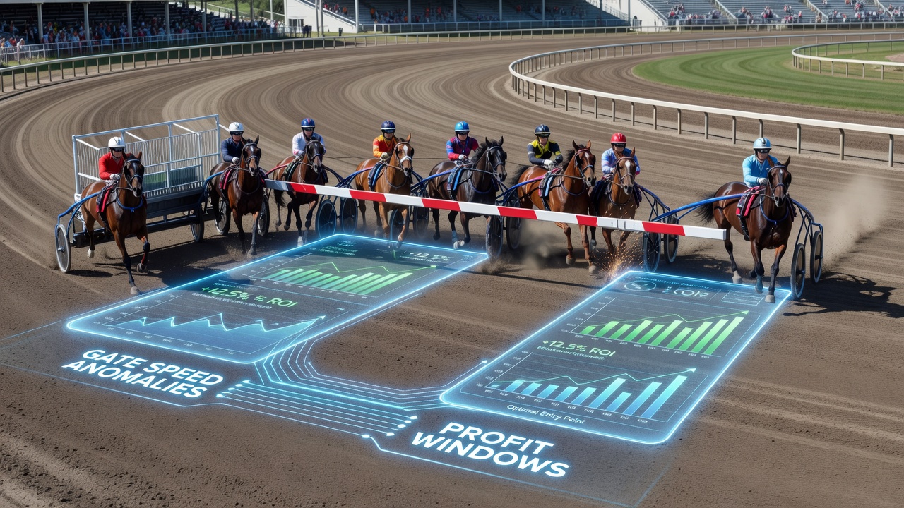 Close-up view of harness racing gate mechanism with timing sensors highlighted during pre-race setup