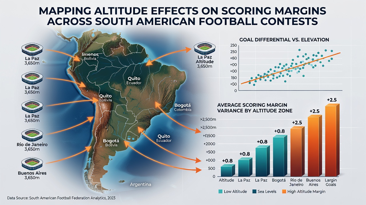 Graph and chart overlay showing scoring margin distributions in high versus low altitude South American football matches with data points and trend lines