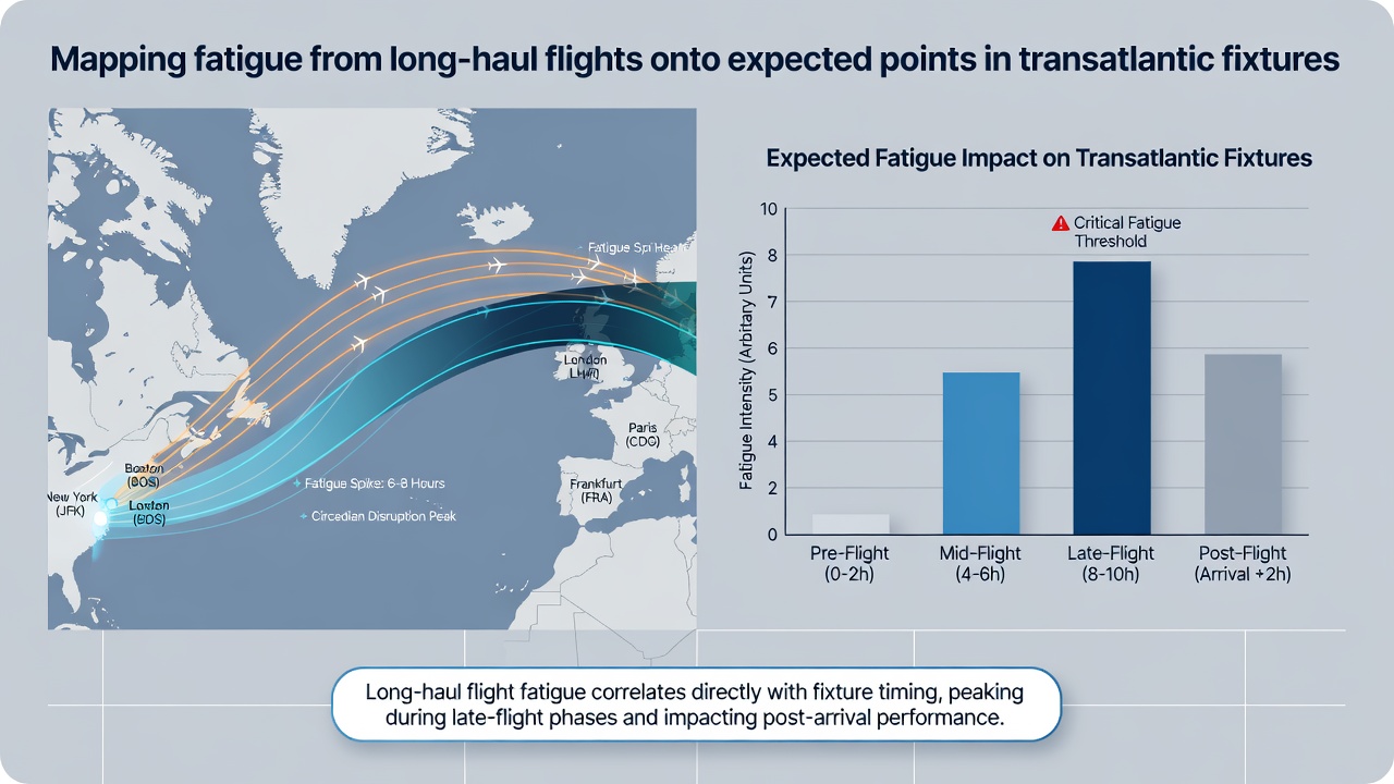 Data analysts reviewing flight logs and performance metrics for transatlantic matches