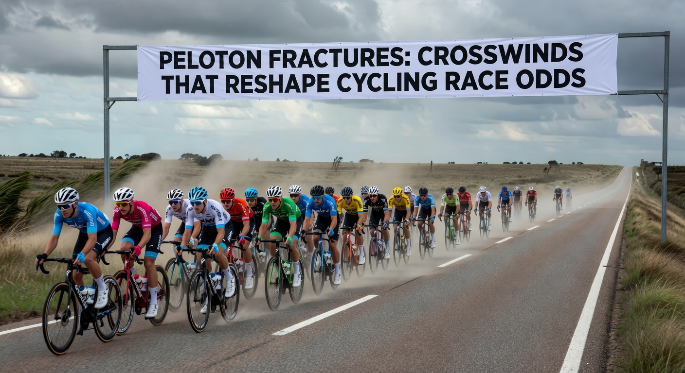 Dramatic peloton split on a windy coastal road, with leading echelon pulling away from the main pack