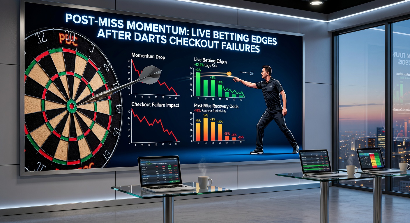 Close-up of a darts board with a missed double highlighted, opponent celebrating a 180 while the leg hangs in balance
