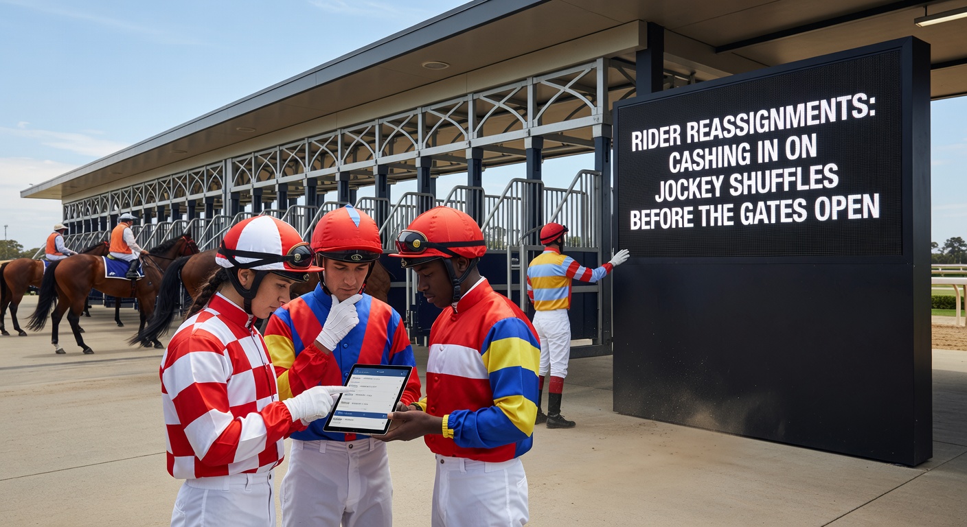 Close-up of a starting gate with jockeys poised, emphasizing the critical moments before races begin amid rider changes