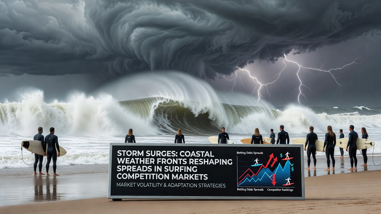 Surfers competing during altered wave conditions caused by coastal weather front