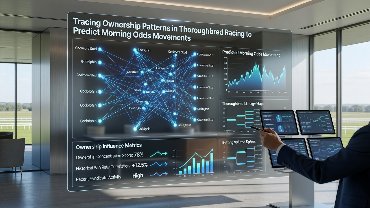 Racing analysts reviewing ownership databases and morning line odds charts on multiple monitors in a track operations room
