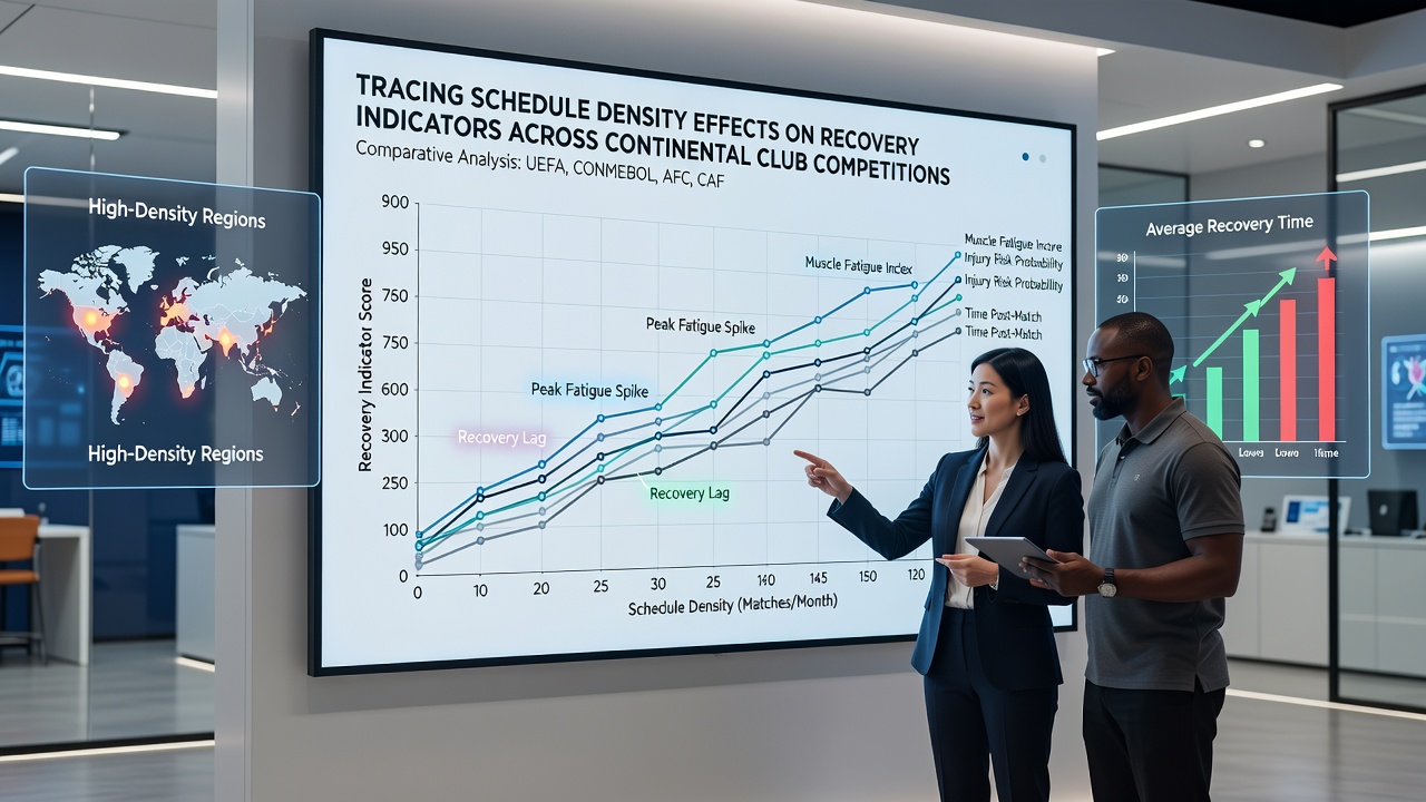 Sports scientists reviewing recovery data from wearable devices during a European club football season