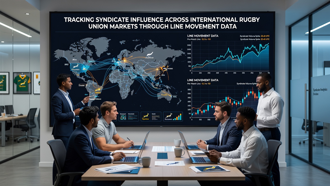 Data analysts reviewing rugby betting line movement charts on multiple screens